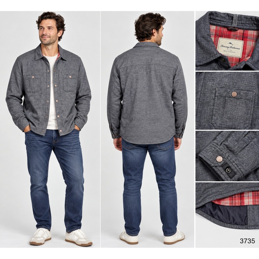 Tommy Bahama Shirt Jacket Mens XL Gray Denim Quilted Plaid Lined Island Crafted
